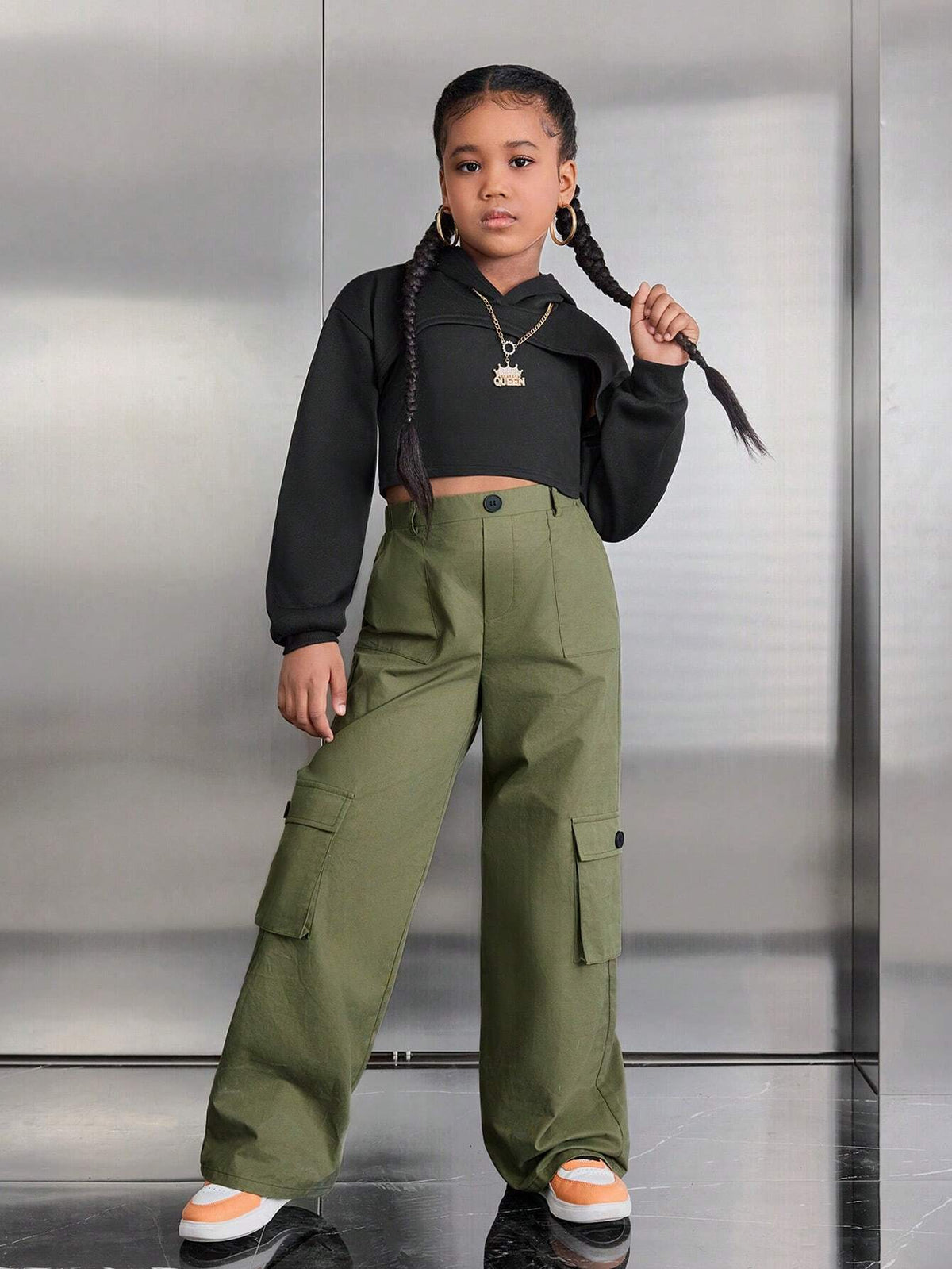 Leap Crew Tween Girl Casual Street Matching Set: Hooded Crop Sweatshirt + Camisole + Thermal Lined Pants, 3Pcs Set