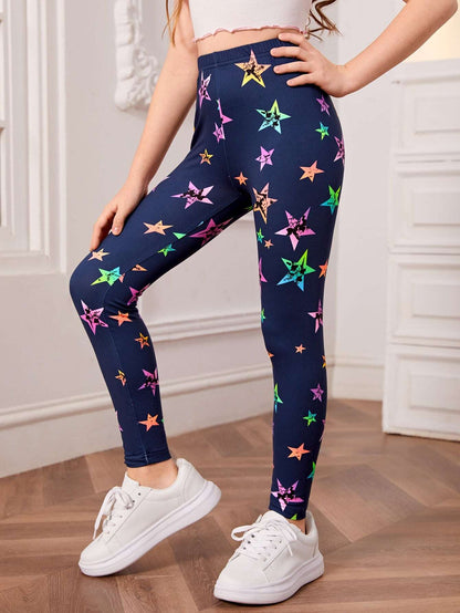 Tween Girl Comfortable Colorful Star Print Knitted Leggings, Tween