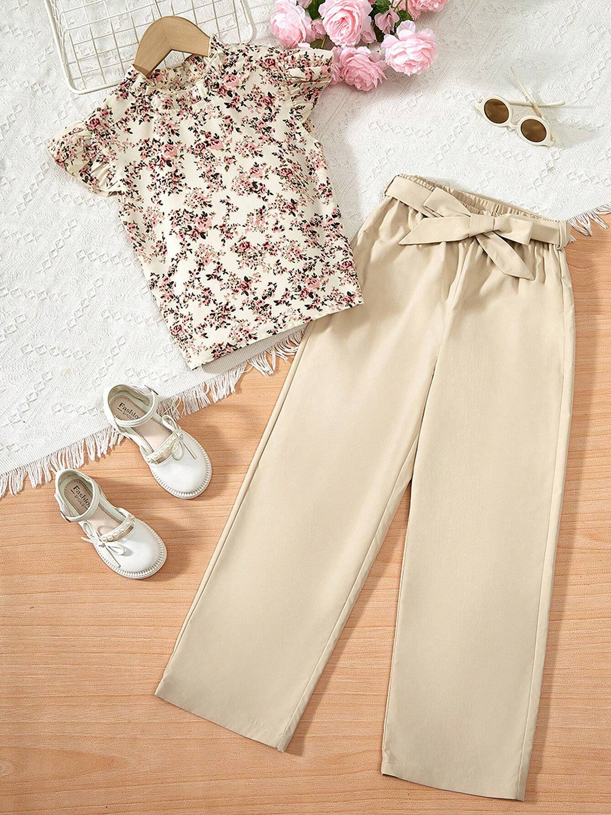 2Pcs/Set Tween Girl Floral Print Frill Trim Top and Pants