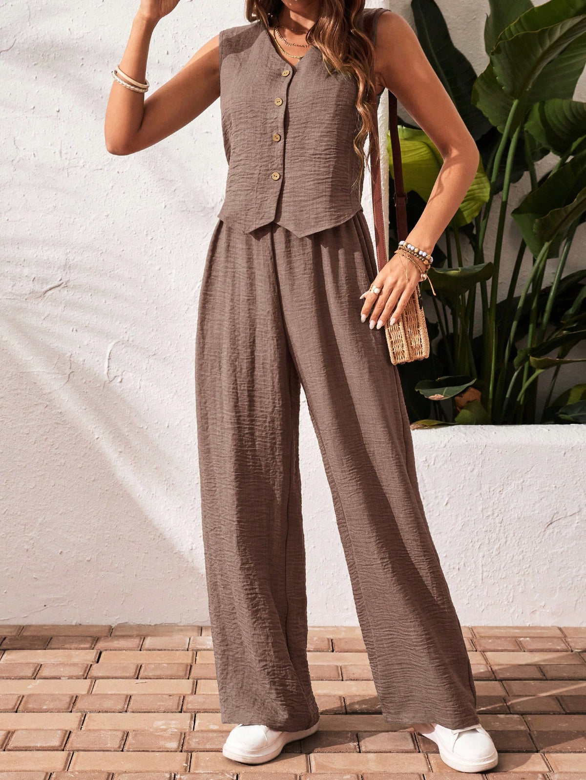 Frenchy 2Pcs/Set Vacation Casual Solid Color Button Front Top and Pants Set Brown Summer Holiday Resort
