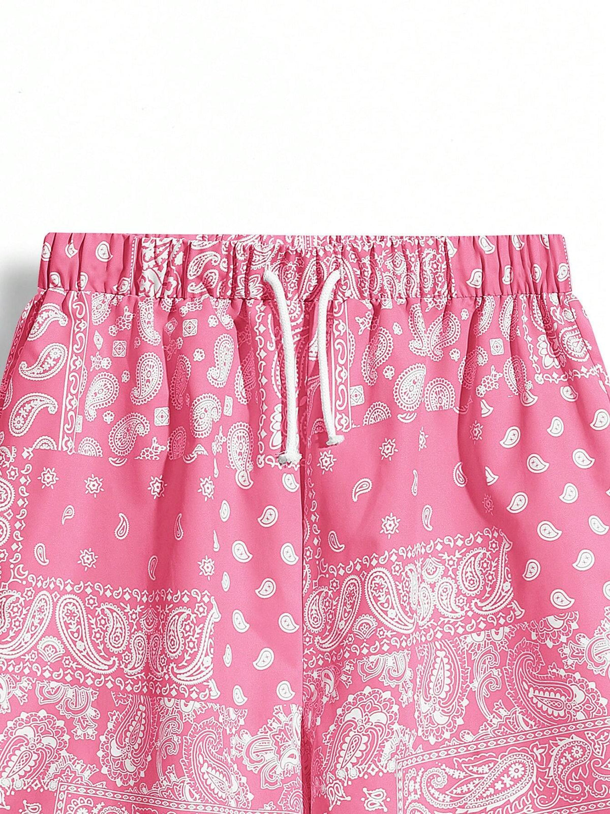 2Pcs Teen Boys' Casual Fit Paisley Pattern Full Print Shorts with Blue and Black Drawstring, Summer