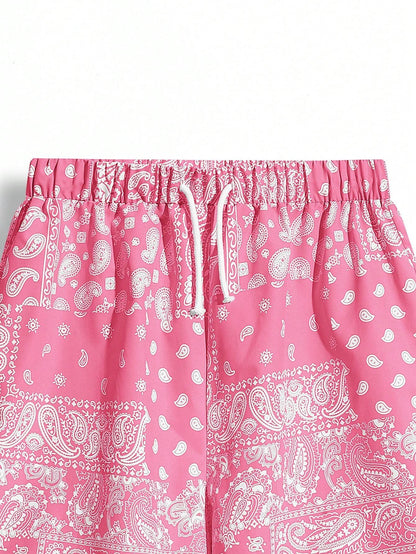 2Pcs Teen Boys' Casual Fit Paisley Pattern Full Print Shorts with Blue and Black Drawstring, Summer