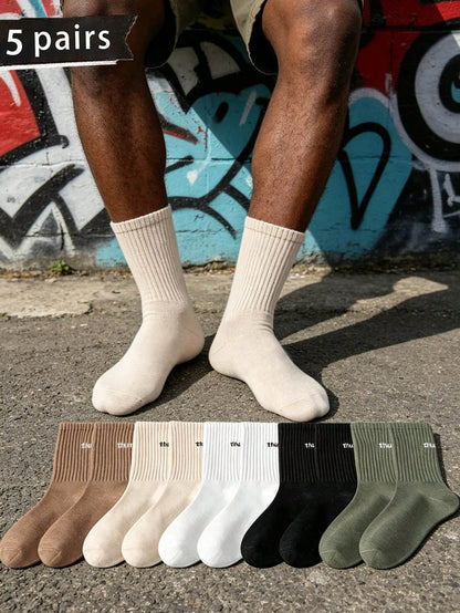 5Pairs/Set Men'S Mid-Calf Socks with Letter & Heel Detail, Fall