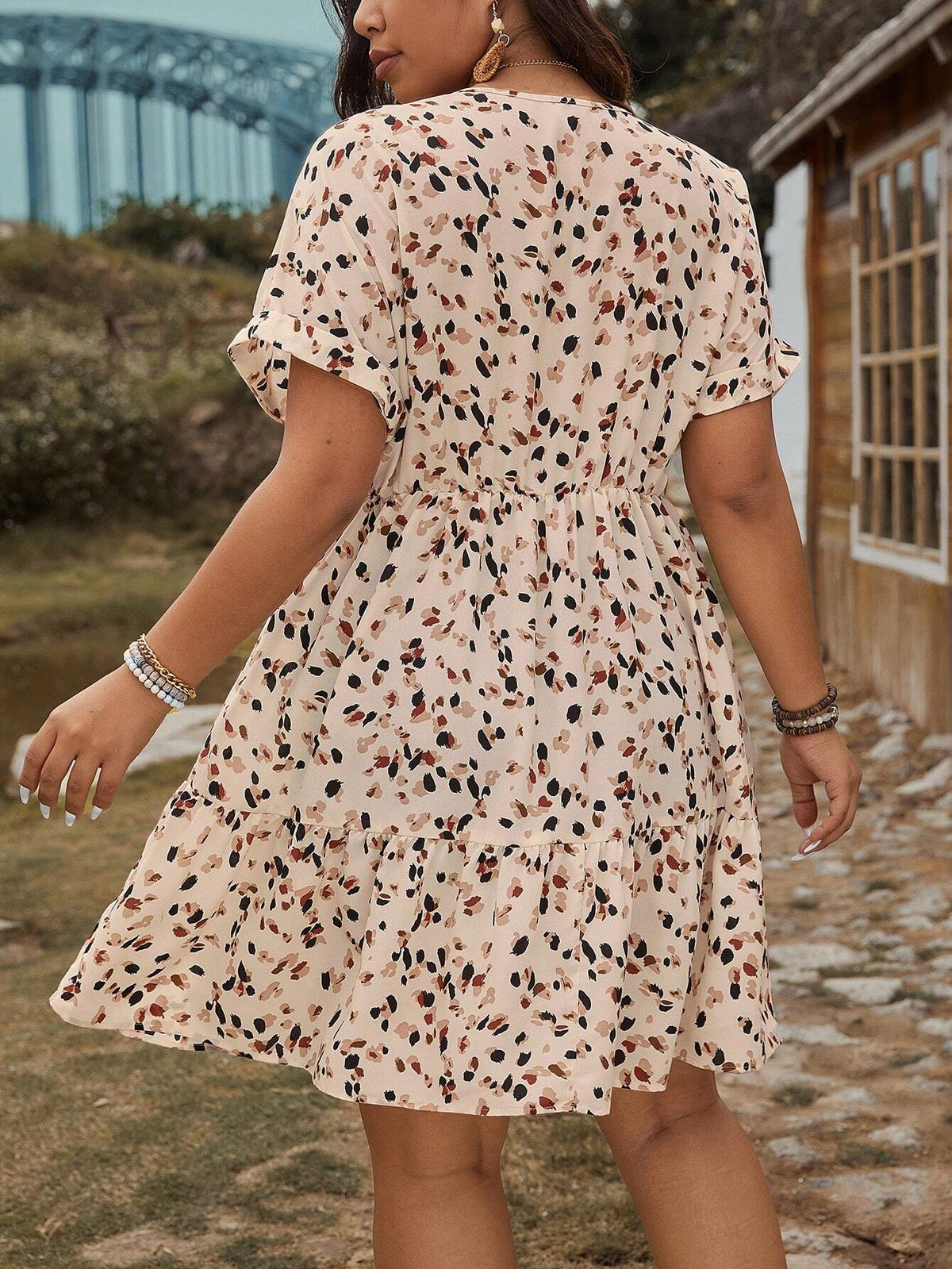 LUNE plus Size V-Neck Short Allover Print Mother Day Dress, Summer