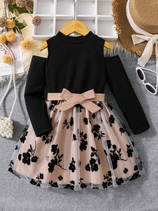 Young Girl Floral Pattern Mesh Overlay Cold Shoulder Belted Dress