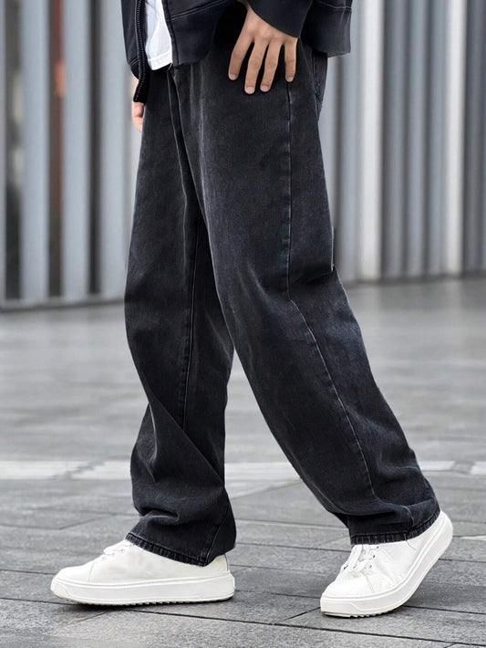 Quarkem Loose Fit Men'S Solid Color Jeans with Slant Pockets